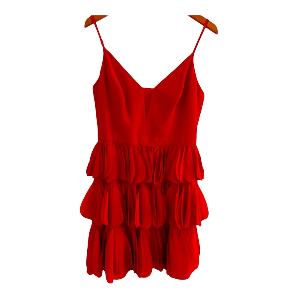 BCBG MAXAZRIA Red Chiffon Party Ruffle Dress Size 12 Spaghetti Straps